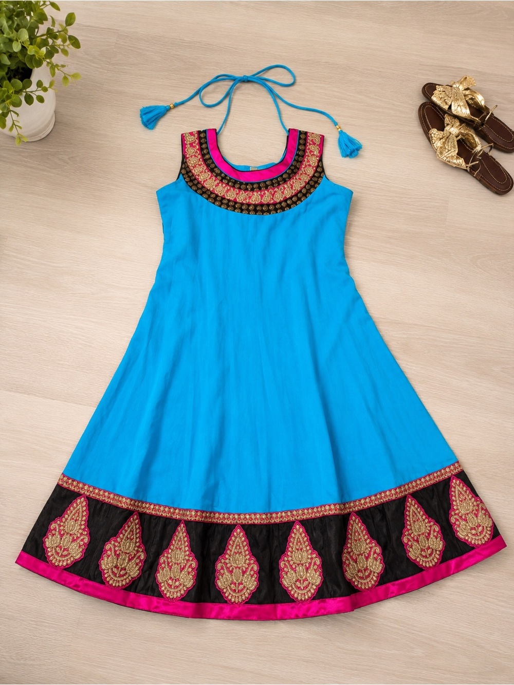 Bright Blue Embroidered Halter-Back Formal Dress with Pink & Gold Accents